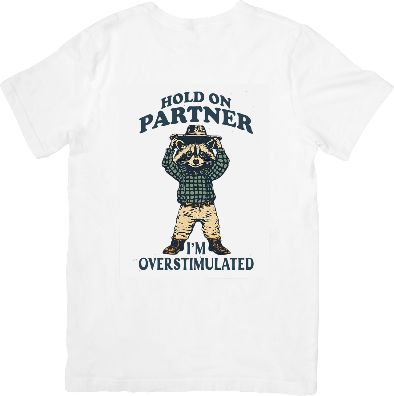Hold On Partner I'm Overstimulated Raccoon Cowboy T-Shirt | Funny Vintage Graphic Tee