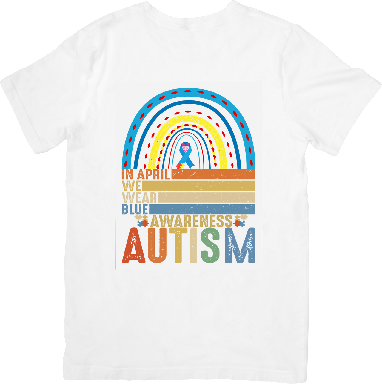 In April We Wear Blue Autism Awareness T-Shirt | Rainbow Puzzle Ribbon Graphic Tee