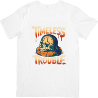 Thumbnail for Timeless Trouble Halloween Skull Clock T-Shirt | Vintage Grim Reaper Graphic Tee